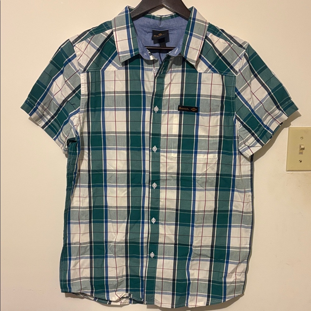 Bench Green and White Plaid Short-Sleeve Button-Down Shirt New with Tags